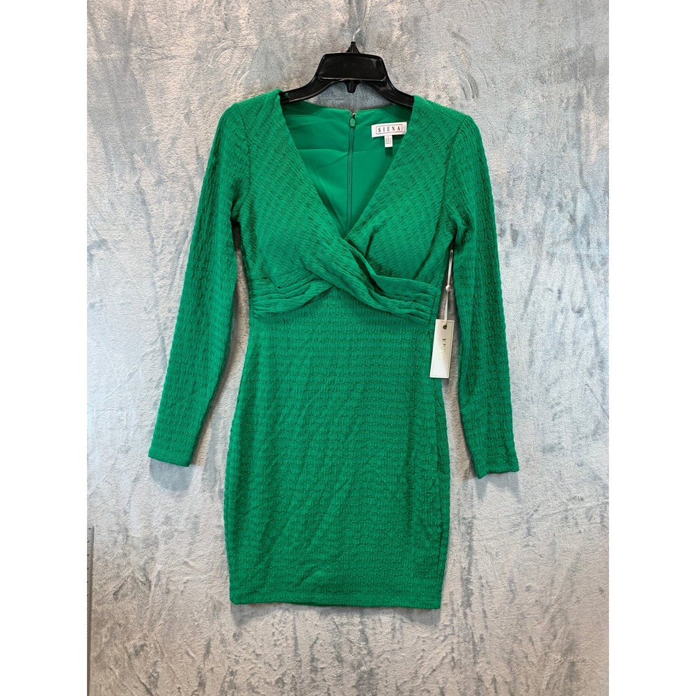 Siena Green Textured V-Neck Long Sleeve Bodycon Mini Dress Size 0 NWT SAUP2220
